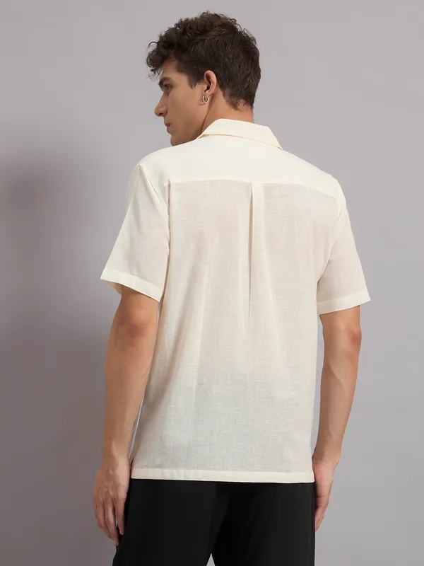 Cream_Organic_Cotton_Textured_Camp_Collar_Embroidered_Shirt_For_Men