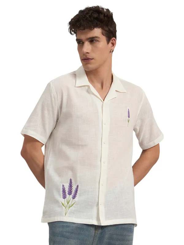 White_Organic_Cotton_Textured_Lavender_Floral_Embroidered_Camp_Collar_Shirt_For_Men