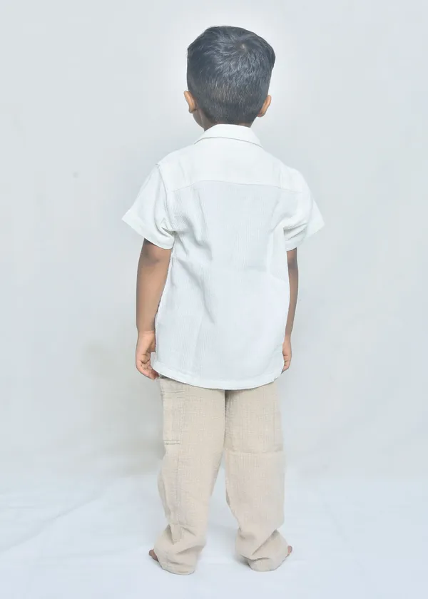 White_And_Beige_Organic_Cotton_Collared_Shirt_And_Trousers_Co-Ord_Set_For_Boys