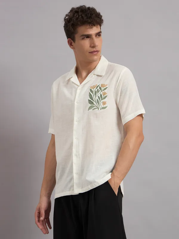 White_Organic_Cotton_Textured_Botanical_Embroidered_Relaxed_Fit_Shirt_For_Men