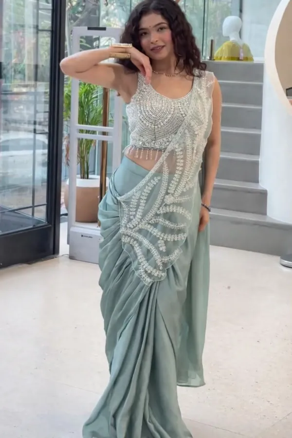 Mint_Green_Silk_Georgette_Pearl_Embellished_Saree_For_Women