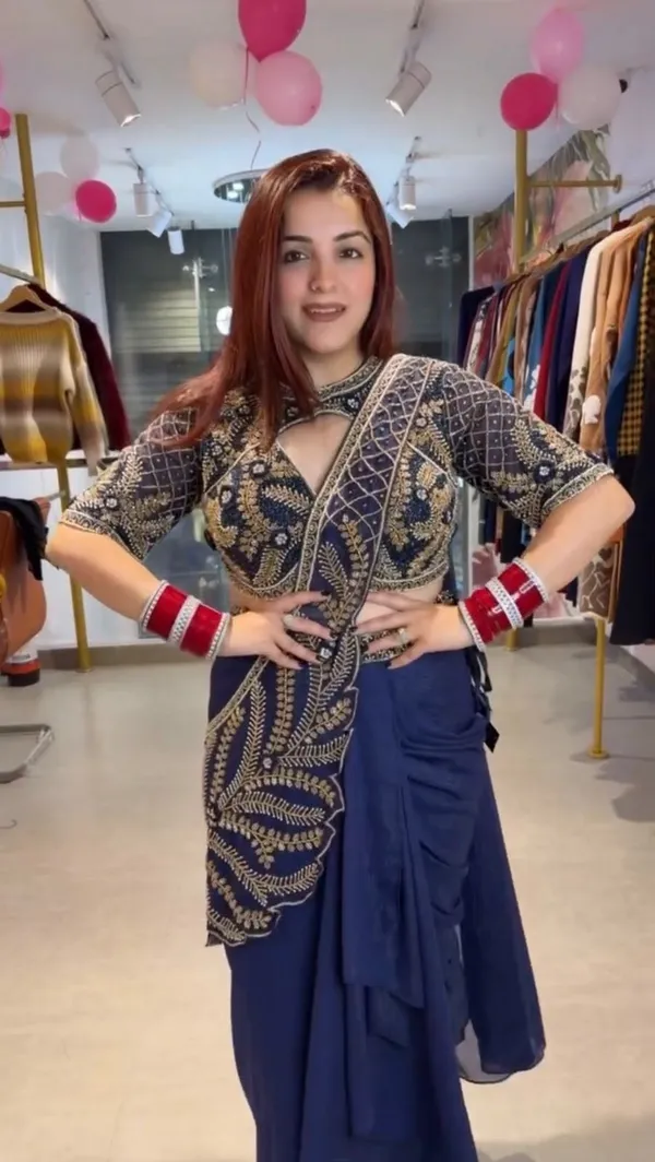 Navy_Blue_Silk_Georgette_Embellished_Saree_With_Blouse_For_Women