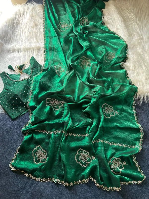 Green_Silk_Georgette_Sequin_Embellished_Saree_Set_For_Women