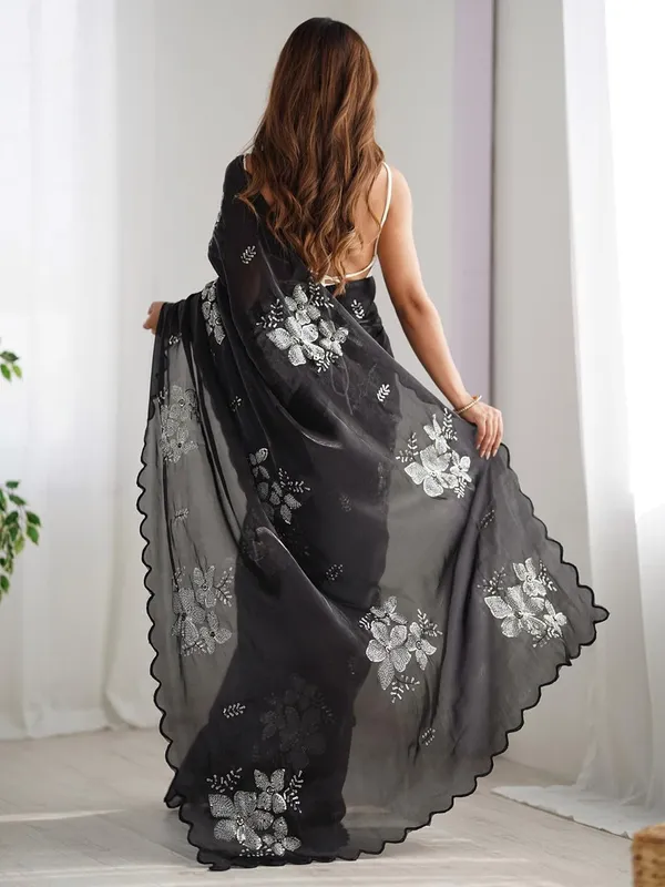 Black_Silk_Georgette_Sequin_Floral_Embellished_Saree_For_Women
