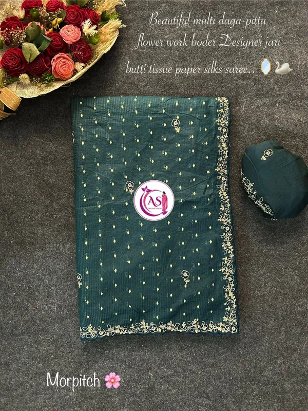 Dark_Green_Tissue_Silk_Embroidered_Saree_With_Blouse_For_Women
