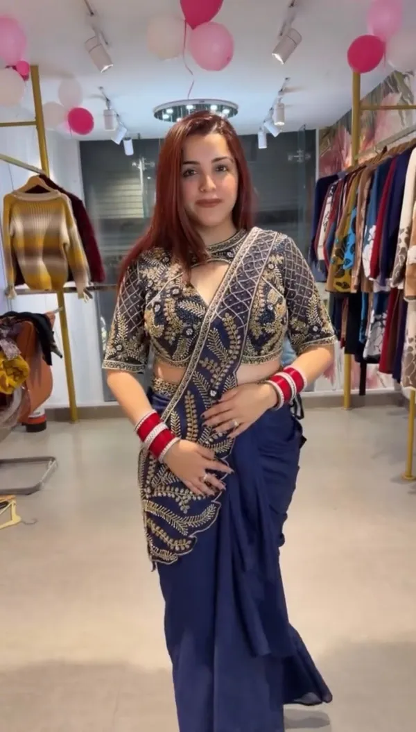 Navy_Blue_Silk_Georgette_Embellished_Saree_With_Blouse_For_Women