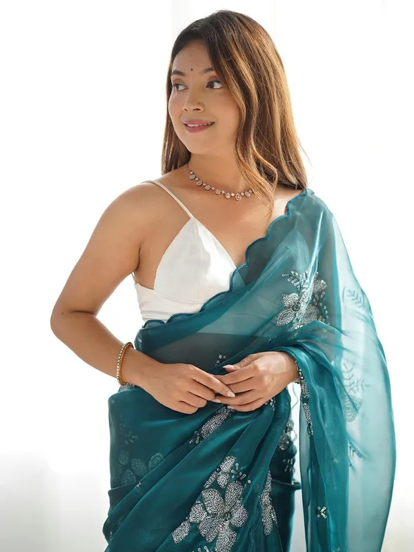 Teal_Organza_Sequin_Embellished_Scalloped_Border_Saree_For_Women