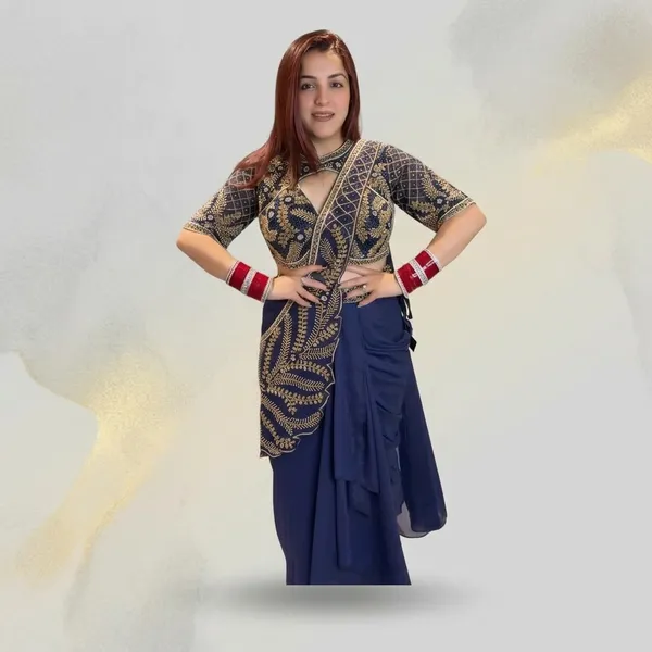 Navy_Blue_Silk_Georgette_Embellished_Saree_With_Blouse_For_Women