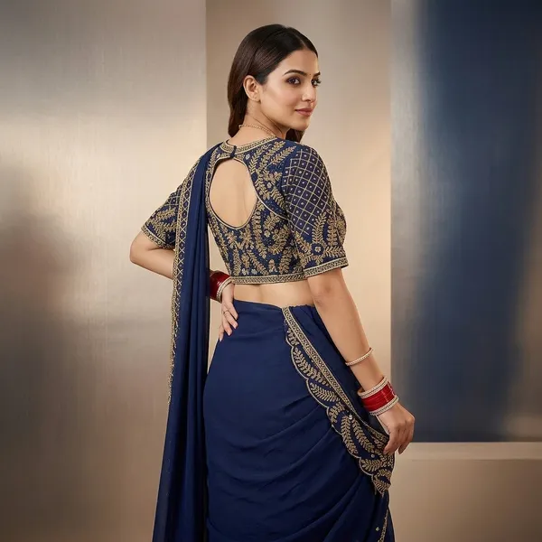 Navy_Blue_Silk_Georgette_Embellished_Saree_With_Blouse_For_Women