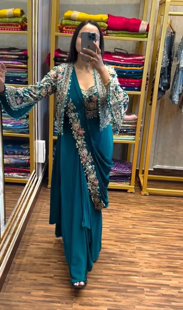 Teal_Blue_Silk_Georgette_Sequin_Embellished_Saree_Gown_For_Women