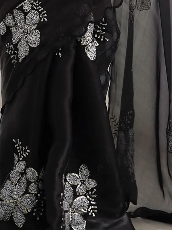 Black_Silk_Georgette_Sequin_Floral_Embellished_Saree_For_Women