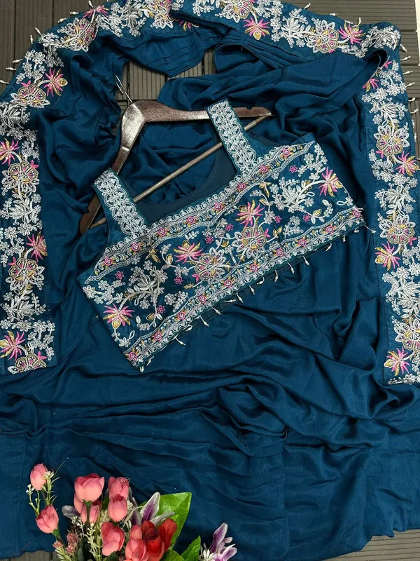 Teal_Blue_Silk_Georgette_Sequin_Embellished_Saree_Gown_For_Women