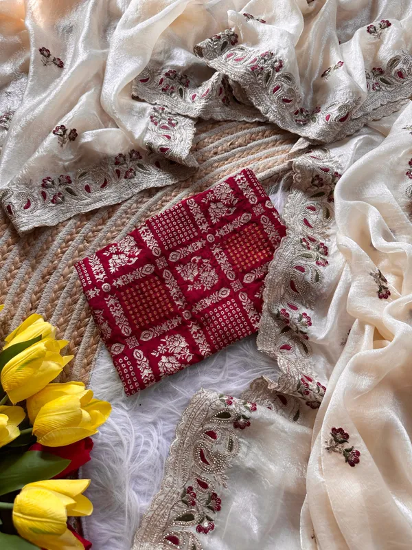White_Red_Organza_Embroidered_Floral_Saree_For_Women