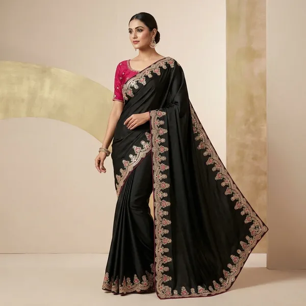 Black_Pink_Satin_Sequin_Embellished_Saree_With_Stitched_Blouse_For_Women
