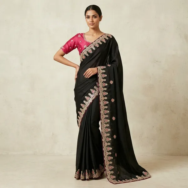 Black_Pink_Satin_Sequin_Embellished_Saree_With_Stitched_Blouse_For_Women