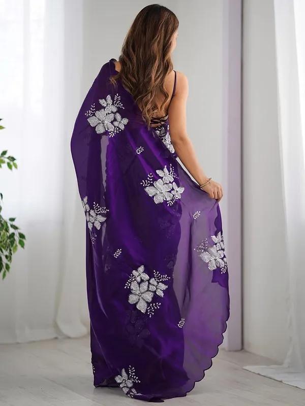 Purple_Silk_Georgette_Floral_Embellished_Saree_For_Women