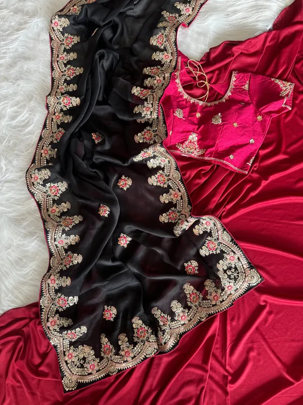 Black_Pink_Satin_Sequin_Embellished_Saree_With_Stitched_Blouse_For_Women