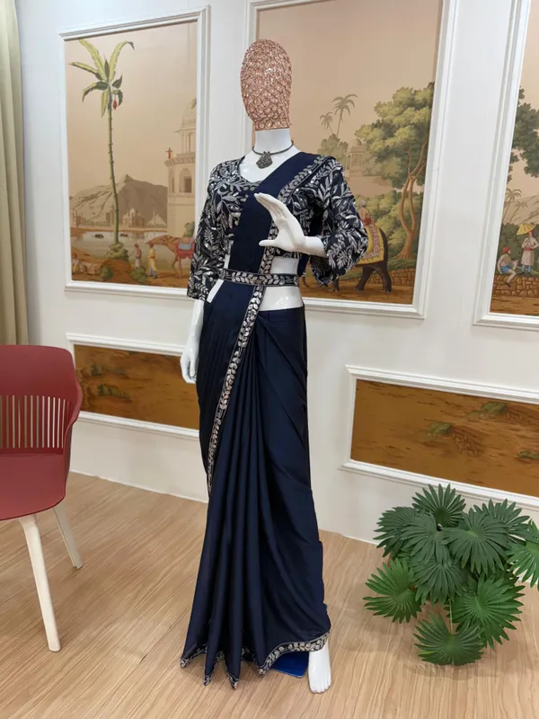 Black_Silk_Georgette_Sequin_Embellished_Saree_With_Blouse_For_Women