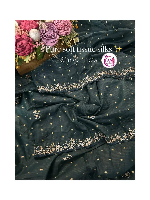 Dark_Green_Tissue_Silk_Embroidered_Saree_With_Blouse_For_Women
