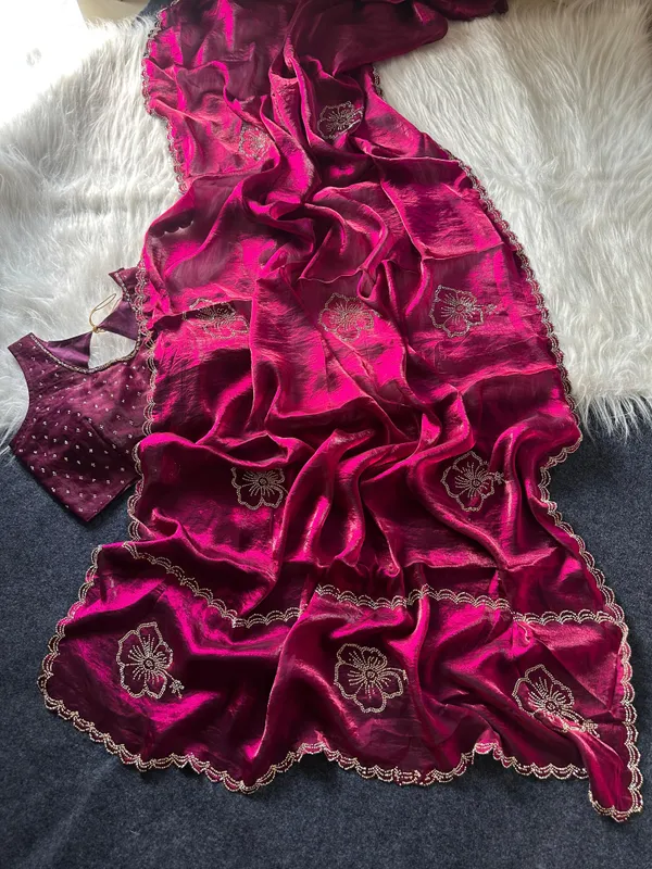 Pink_Wine_Organza_Embroidered_Saree_With_Stitched_Blouse_For_Women