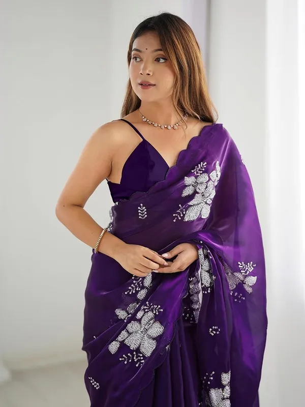 Purple_Silk_Georgette_Floral_Embellished_Saree_For_Women