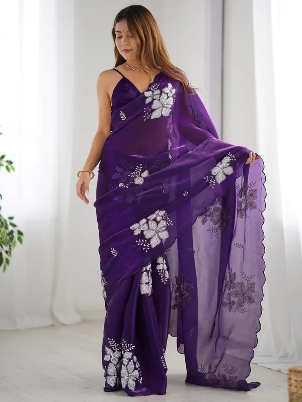 Purple_Silk_Georgette_Floral_Embellished_Saree_For_Women