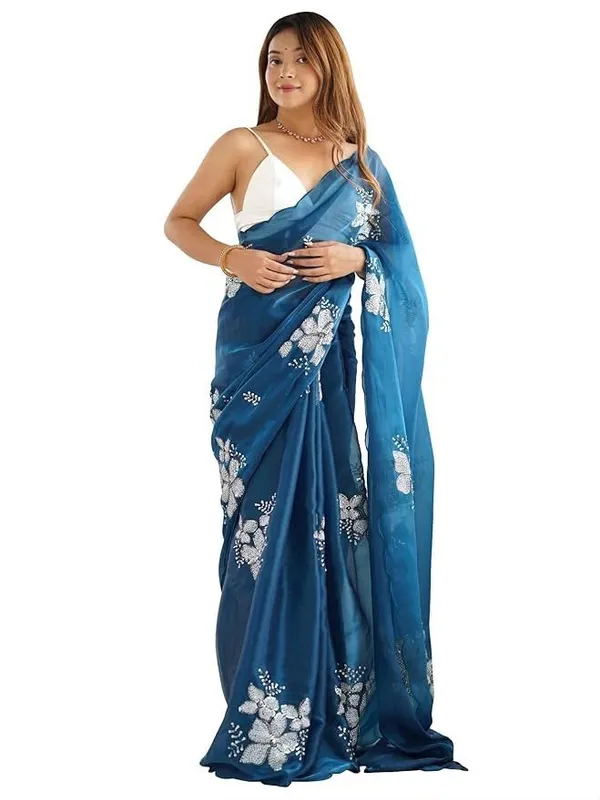 Blue_Organza_Floral_Embroidered_Saree_For_Women