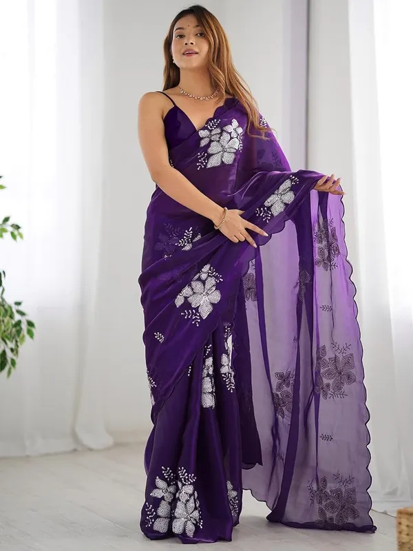 Purple_Silk_Georgette_Floral_Embellished_Saree_For_Women