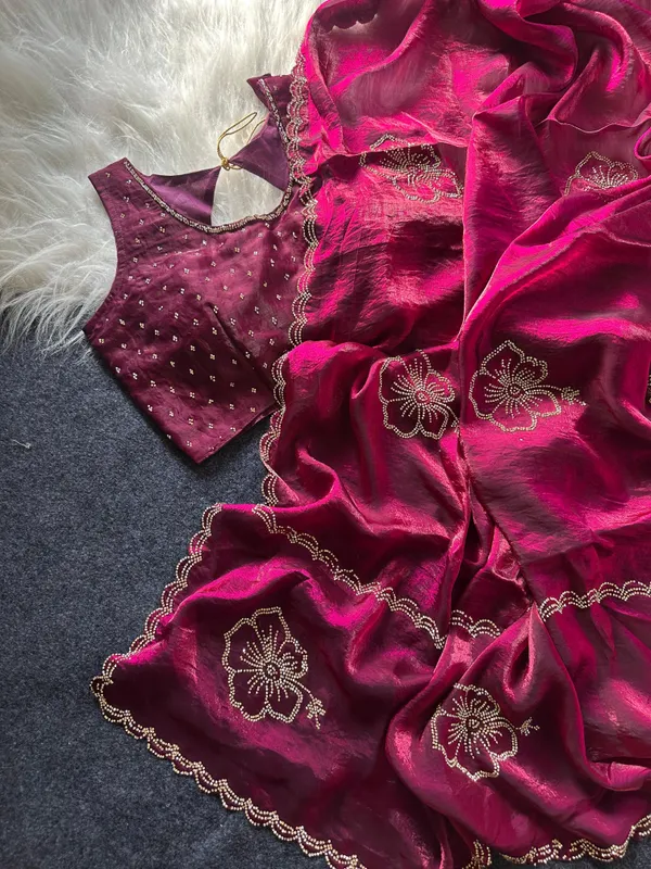 Pink_Wine_Organza_Embroidered_Saree_With_Stitched_Blouse_For_Women