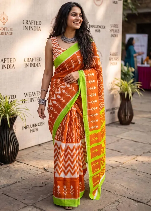 Orange_Cotton_Handloom_Ikat_Print_Saree_With_Green_Border