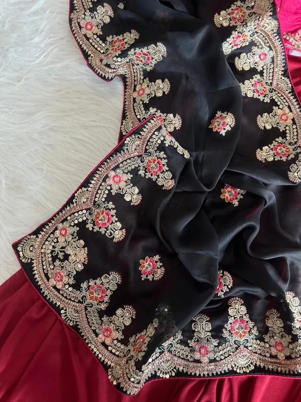 Black_Pink_Satin_Sequin_Embellished_Saree_With_Stitched_Blouse_For_Women