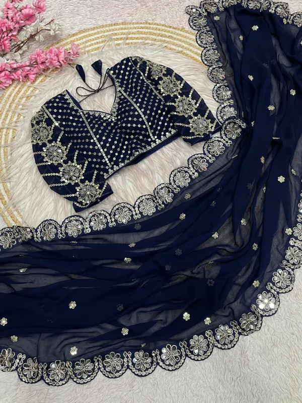 Navy_Blue_Net_Sequin_Embellished_Saree_With_Blouse_For_Women