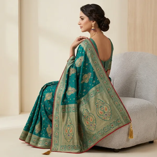 Rama_Green_Banarasi_Silk_Meenakari_Saree_With_Diamond_Border_For_Women