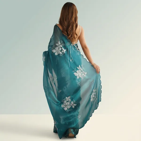 Teal_Organza_Sequin_Embellished_Scalloped_Border_Saree_For_Women