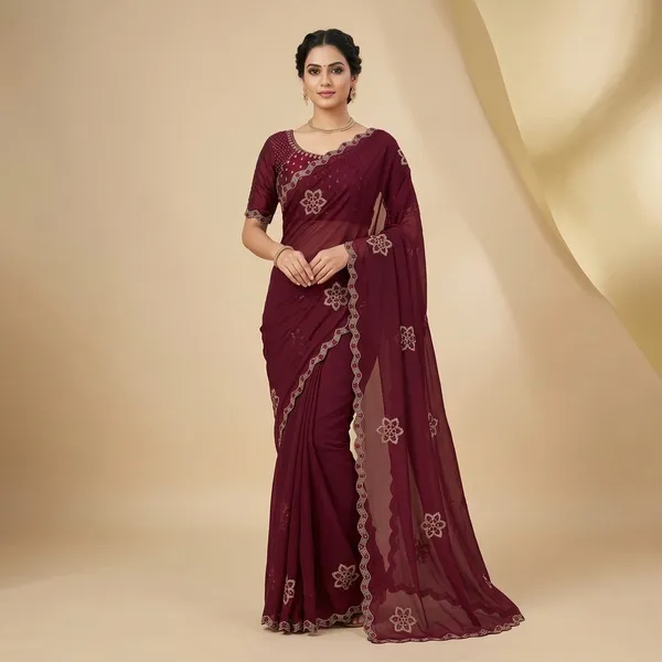 Maroon_Silk_Georgette_Embroidered_Saree_With_Blouse_For_Women