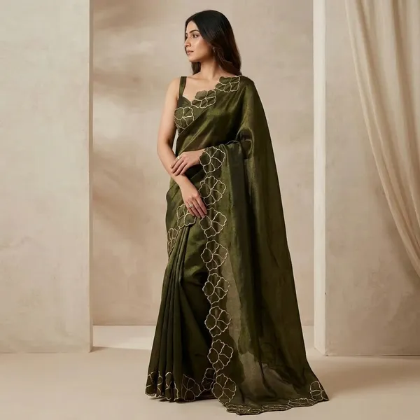 Olive_Green_Silk_Embroidered_Border_Saree_For_Women