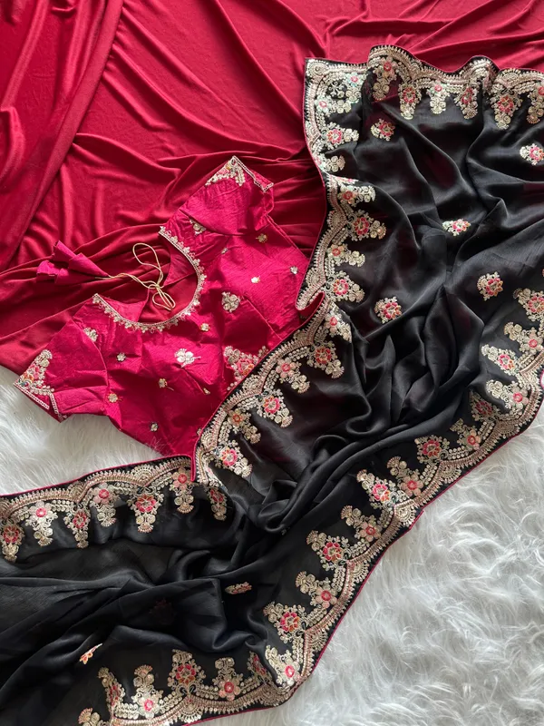 Black_Pink_Satin_Sequin_Embellished_Saree_With_Stitched_Blouse_For_Women