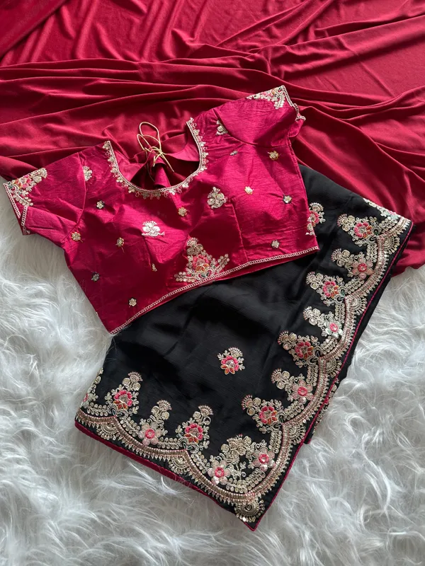 Black_Pink_Satin_Sequin_Embellished_Saree_With_Stitched_Blouse_For_Women