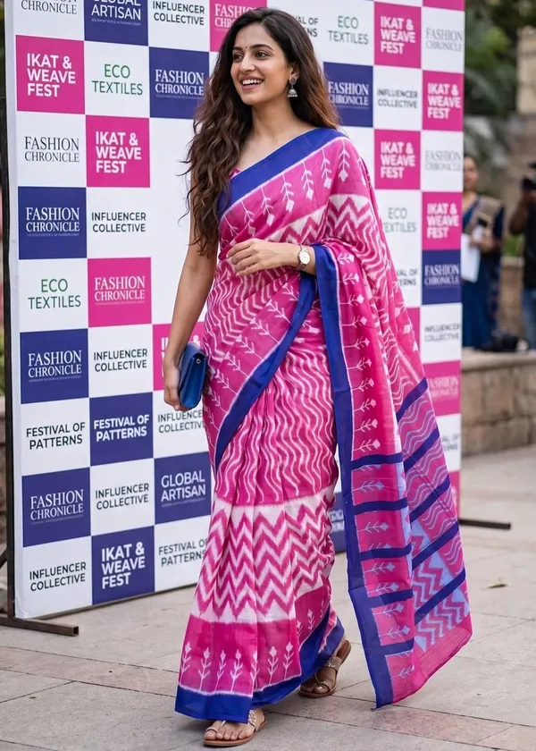 Pink_Blue_Handloom_Cotton_Ikat_Saree_With_Blue_Border_For_Women