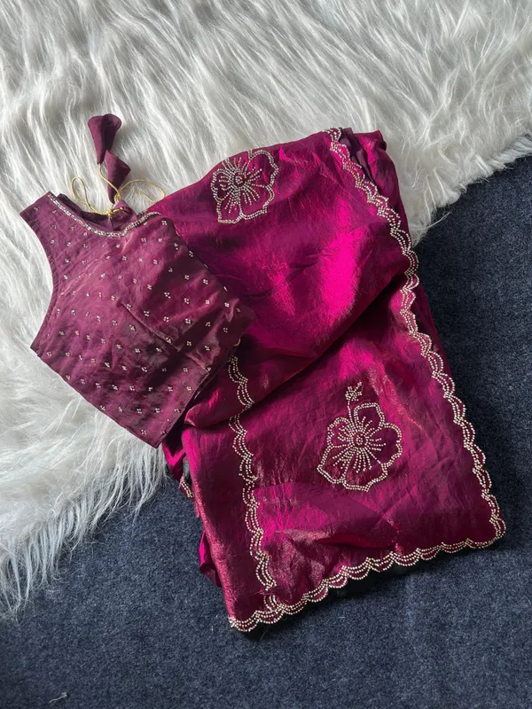 Pink_Wine_Organza_Embroidered_Saree_With_Stitched_Blouse_For_Women