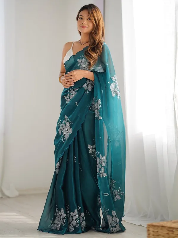 Teal_Organza_Sequin_Embellished_Scalloped_Border_Saree_For_Women