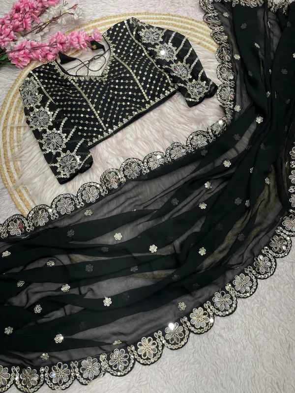 Black_Silk_Georgette_Embroidered_Saree_With_Blouse_For_Women