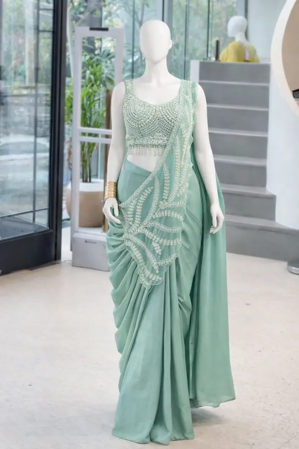 Mint_Green_Silk_Georgette_Pearl_Embellished_Saree_For_Women