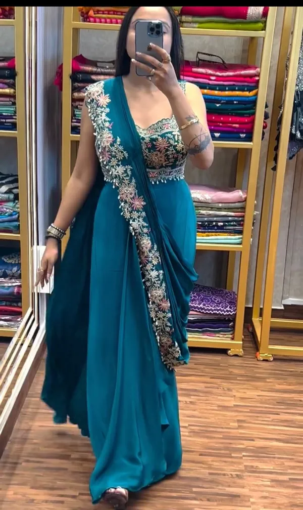 Teal_Blue_Silk_Georgette_Sequin_Embellished_Saree_Gown_For_Women