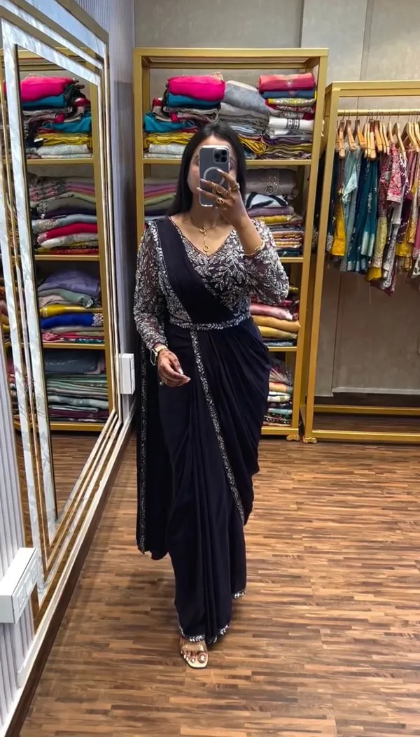 Black_Silk_Georgette_Sequin_Embellished_Saree_With_Blouse_For_Women