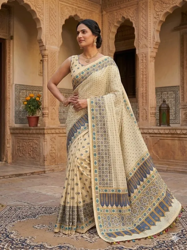 Mull_Chanderi_Off_White_Silk_Printed_Saree_With_Blouse_For_Women