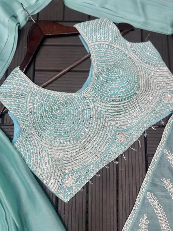 Mint_Green_Silk_Georgette_Pearl_Embellished_Saree_For_Women