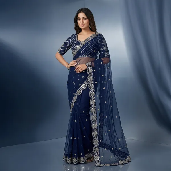 Navy_Blue_Net_Sequin_Embellished_Saree_With_Blouse_For_Women