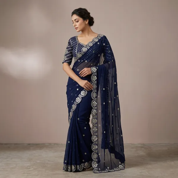 Navy_Blue_Net_Sequin_Embellished_Saree_With_Blouse_For_Women