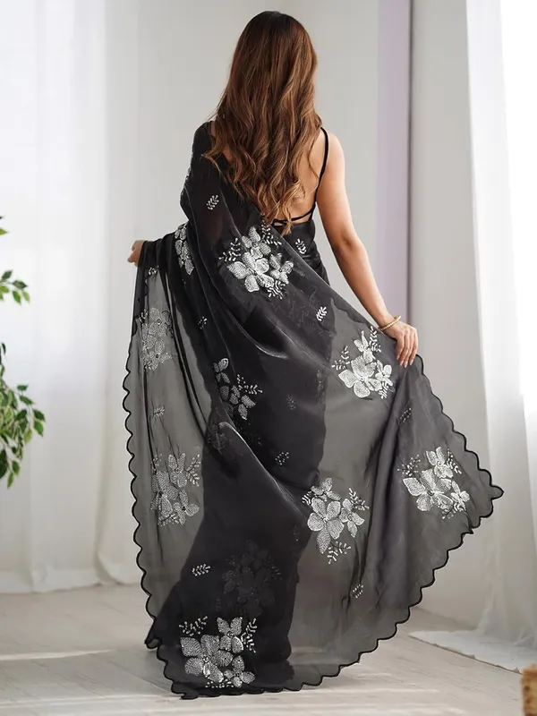 Black_Silk_Georgette_Sequin_Floral_Embellished_Saree_For_Women